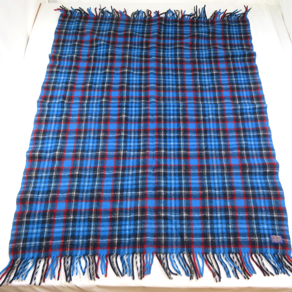 Pendleton Wool Robe Blanket Throw Plaid Blue Red 46X56 + fringe Vintage